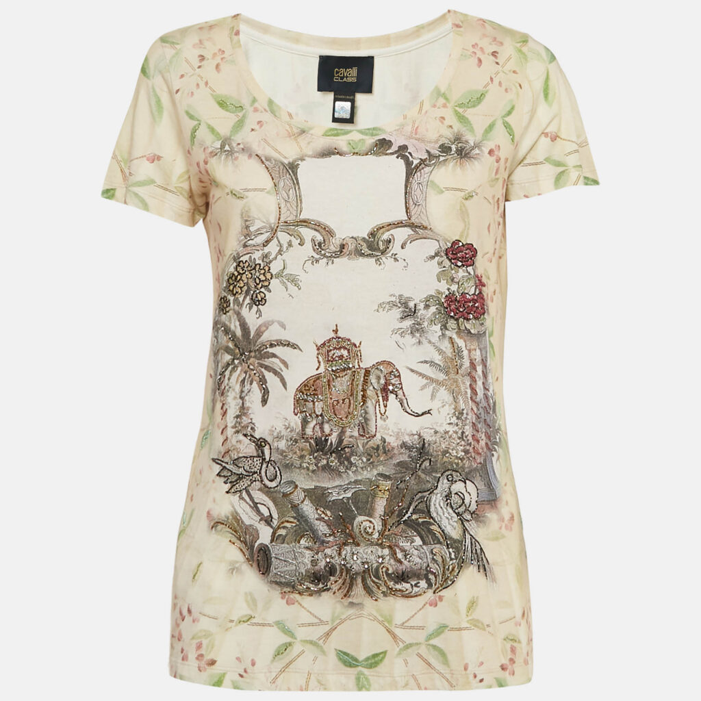 Class by Roberto Cavalli Beige Printed Jersey Beads Embellished T-Shirt M