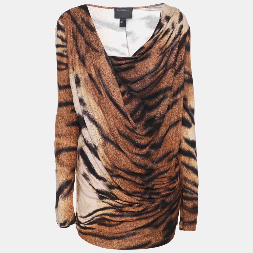 Class by Roberto Cavalli Beige Animal Print Knit Draped Top M Class by Roberto Cavalli Beige Animal Print Knit Draped Top M