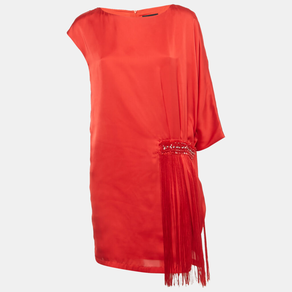 Class by Roberto Cavalli Red Satin Fridge Detail Tunic Mini Dress M Class by Roberto Cavalli Red Satin Fridge Detail Tunic Mini Dress M