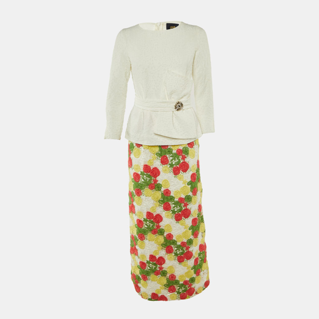 Class by Roberto Cavalli White Crepe & Floral Lace Peplum Maxi Dress M