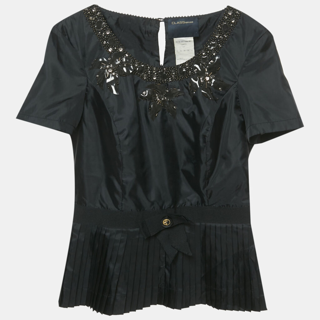 Class by Roberto Cavalli Black Embellished Synthetic Bow Detail Top M
