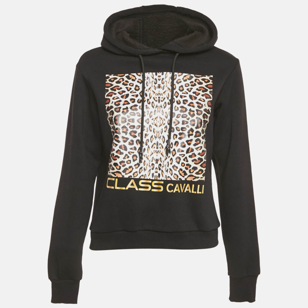 Class by Roberto Cavalli Black Leopard Print Cotton Hoodie XS Class by Roberto Cavalli Black Leopard Print Cotton Hoodie XS