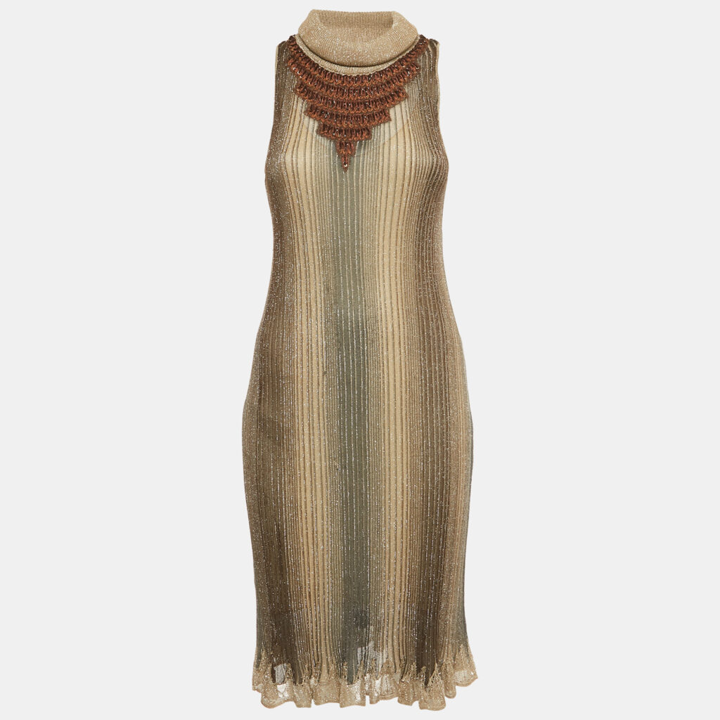 luxury-women-class-by-roberto-cavalli-used-clothes-p1230249-002-1.jpg Class by Roberto Cavalli Brown Embellished Lurex Knit Midi Dress M