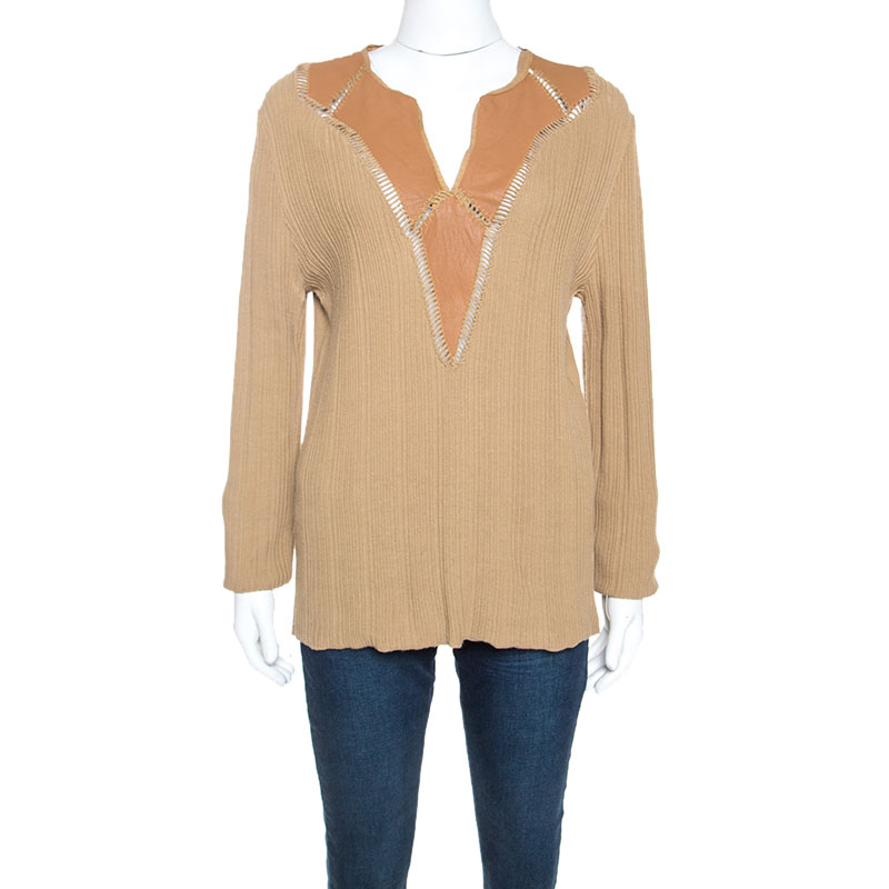 Class by Roberto Cavalli Tan Rib Knit Leather Trim Top XXL
