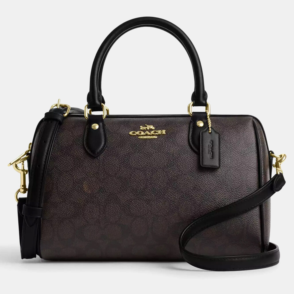 Coach Rowan Signature Canvas Walnut, Black Leather Satchel Bag Coach Rowan Signature Canvas Walnut, Black Leather Satchel Bag