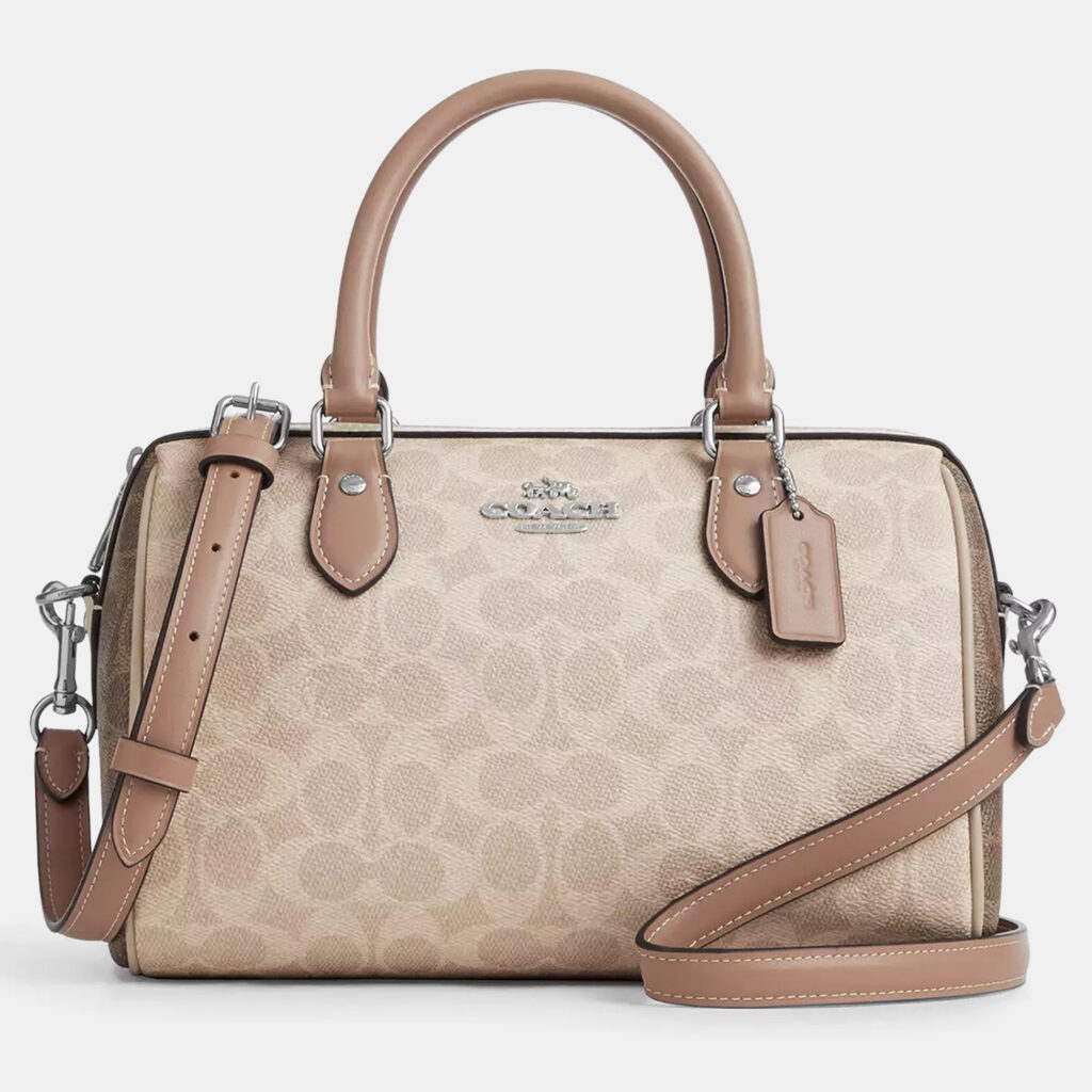 Coach Rowan Blocked Signature Canvas Sand Leather Satchel Bag Coach Rowan Blocked Signature Canvas Sand Leather Satchel Bag
