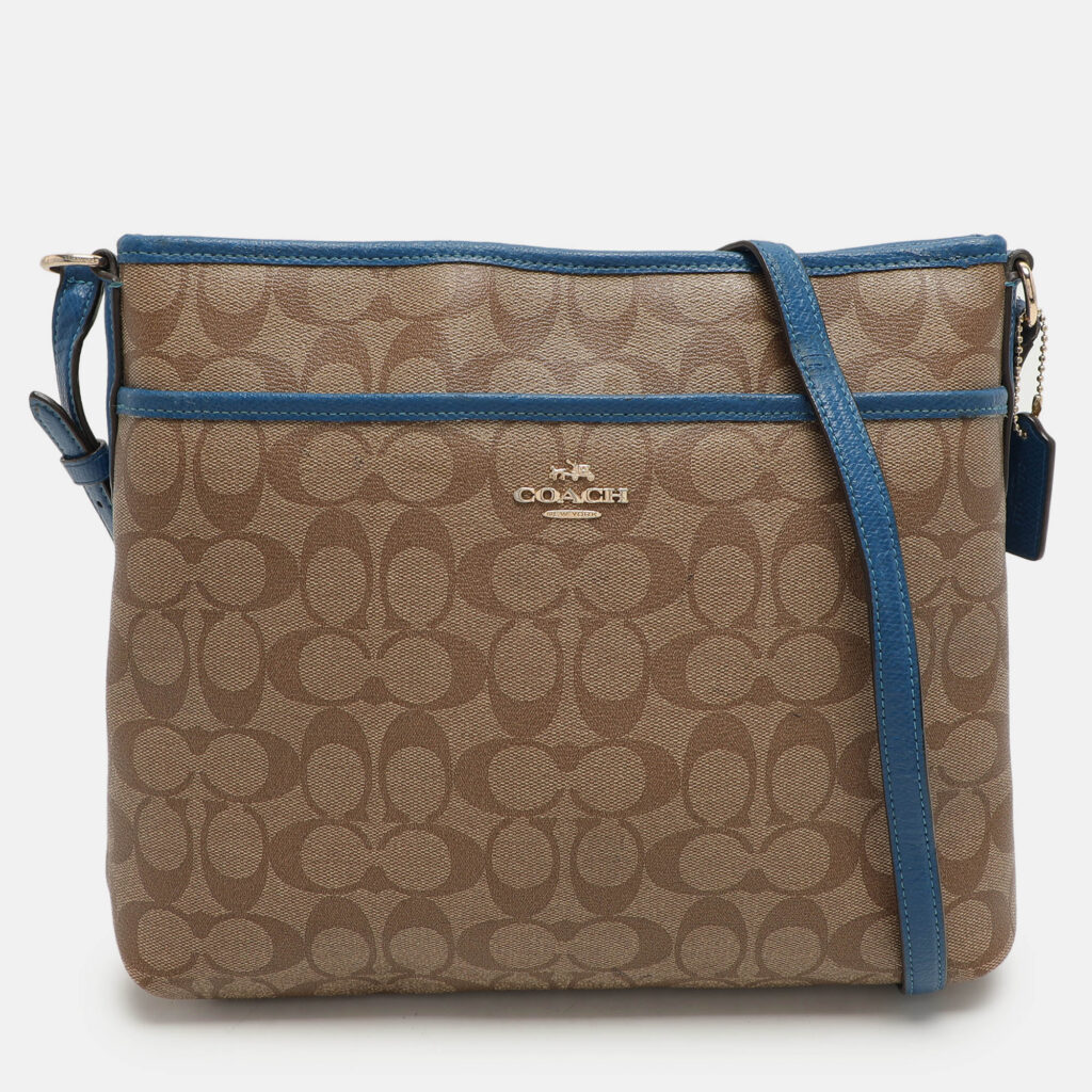 Coach Beige/Blue Signature Coated Canvas File Crossbody Bag Coach Beige/Blue Signature Coated Canvas File Crossbody Bag