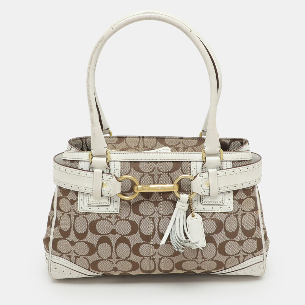 Coach Beige/White Signature Canvas and Leather Hampton Satchel