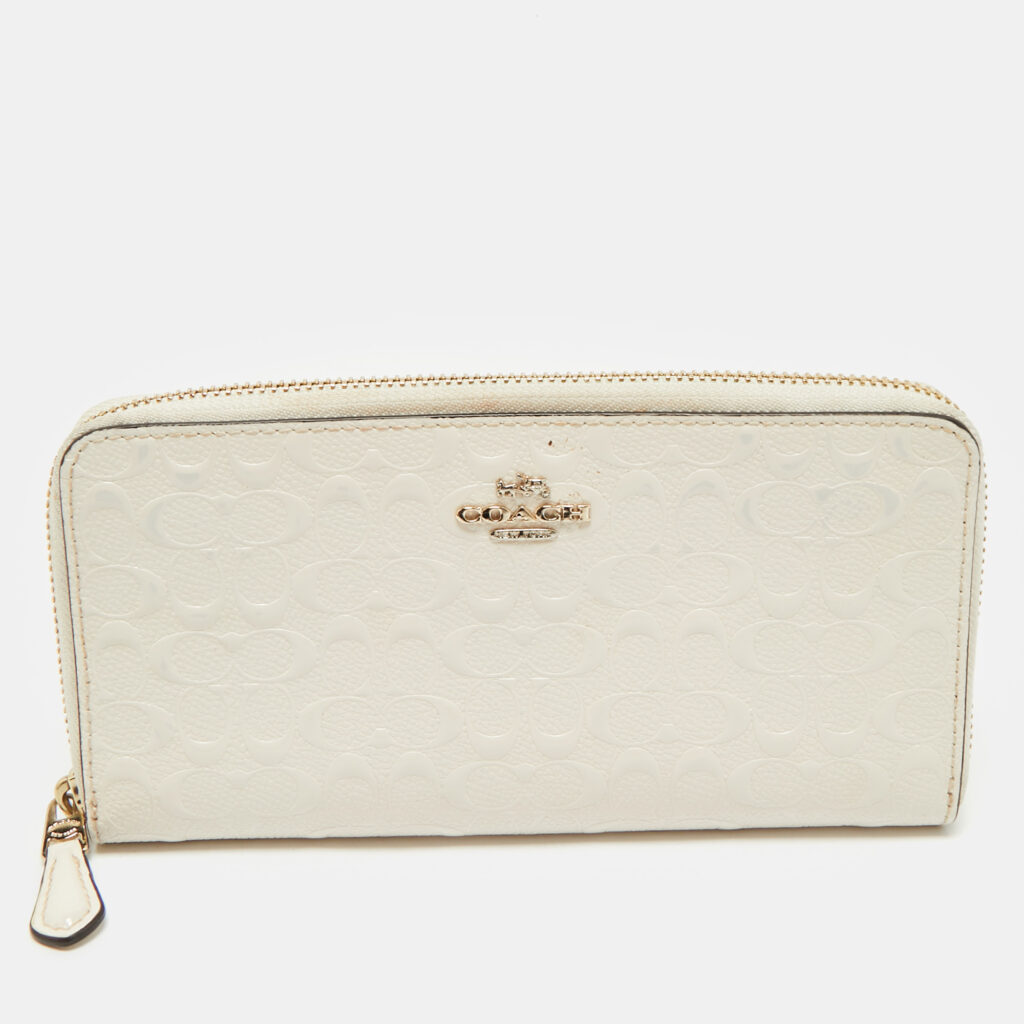 luxury-women-coach-used-handbags-p1180483-007-1.jpg Coach White Signature Embossed Leather Long Zip Around Wallet