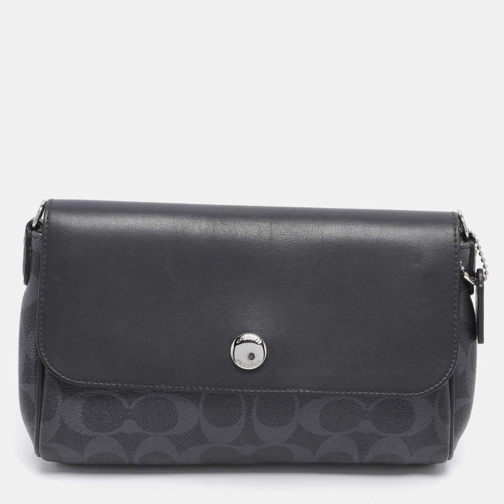 Coach Navy Blue Signature Coated Canvas and Leather Reversible Flap Crossbody Bag Coach Navy Blue Signature Coated Canvas and Leather Reversible Flap Crossbody Bag