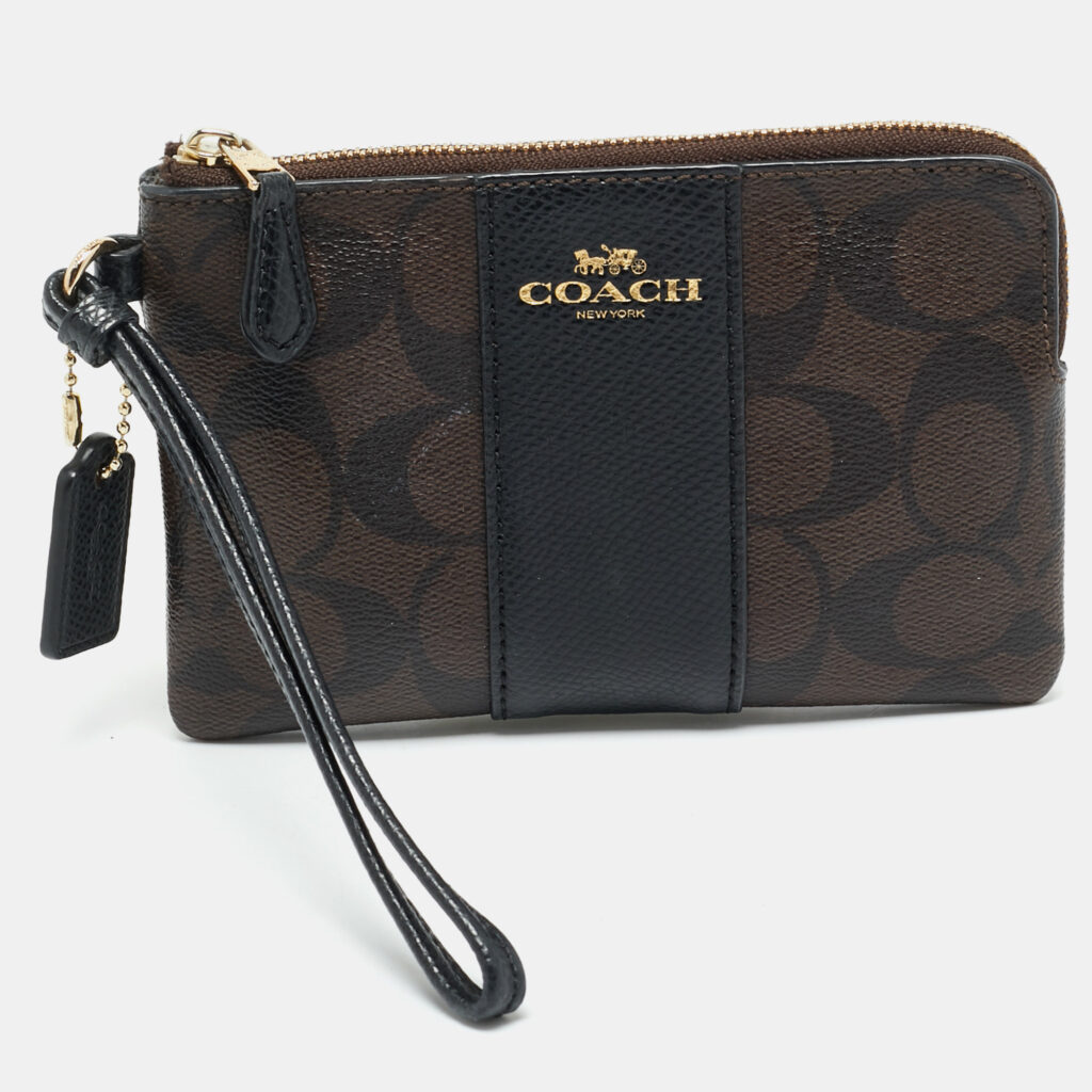 Coach Brown/Black Signature Coated Canvas and Leather Corner Zip Wristlet Coach Brown/Black Signature Coated Canvas and Leather Corner Zip Wristlet