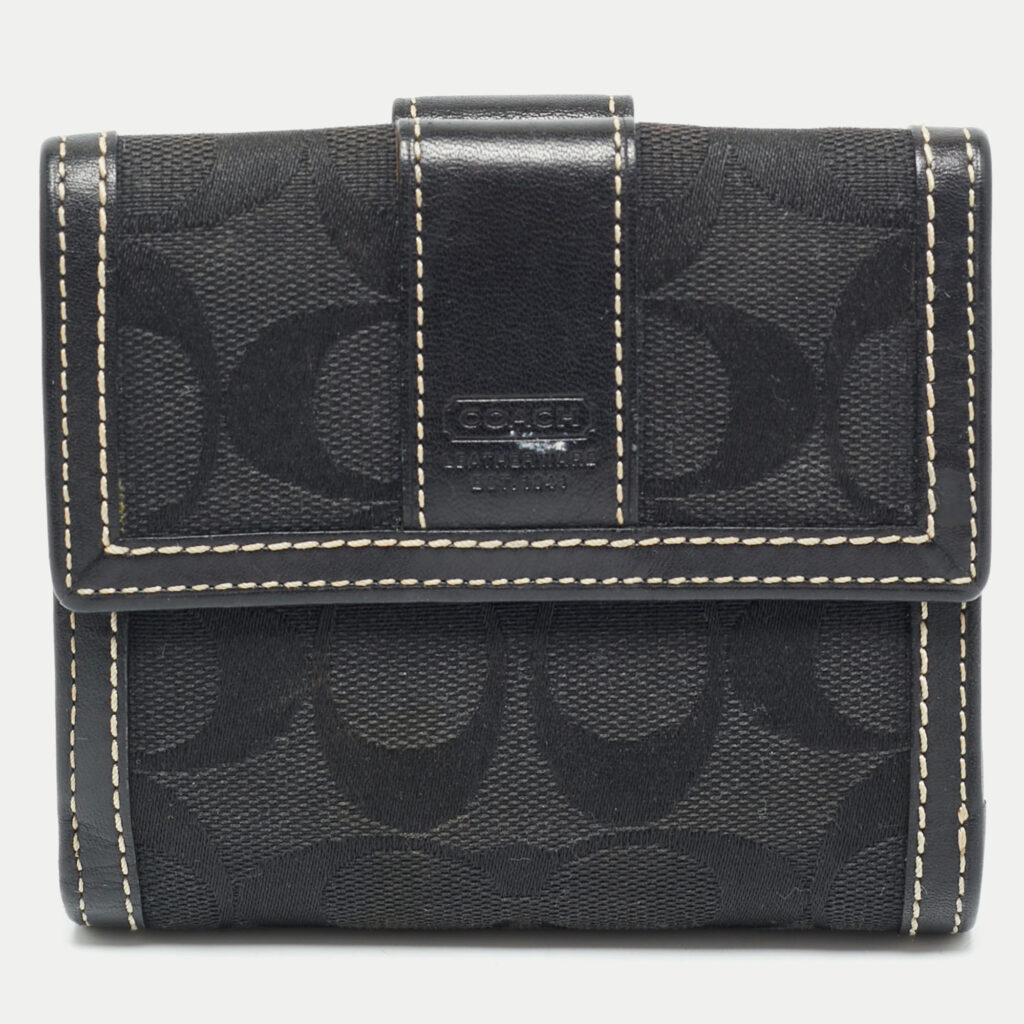 Coach Black Signature Canvas and Leather Flap Compact Wallet Coach Black Signature Canvas and Leather Flap Compact Wallet