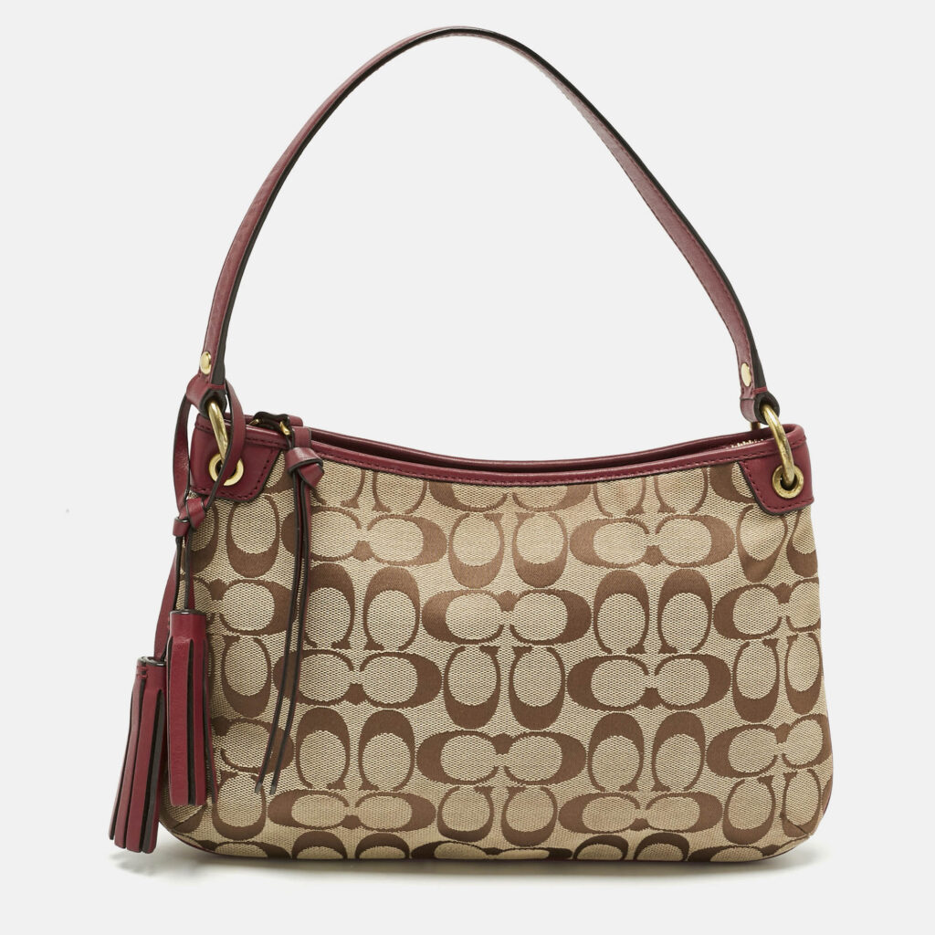 Coach Burgundy/Beige Signature Canvas Tassel Shoulder Bag Coach Burgundy/Beige Signature Canvas Tassel Shoulder Bag