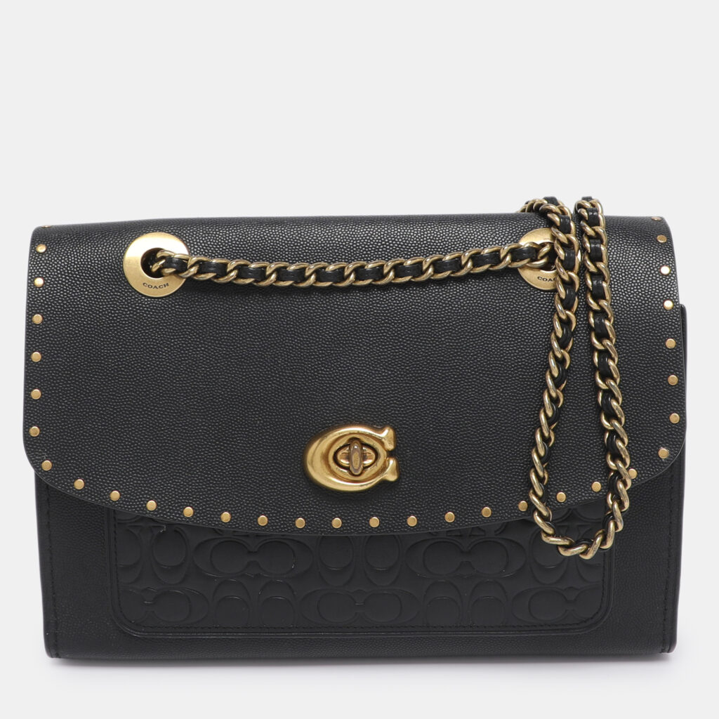 Coach Black Leather and Snakeskin Parker Rivets Shoulder Bag