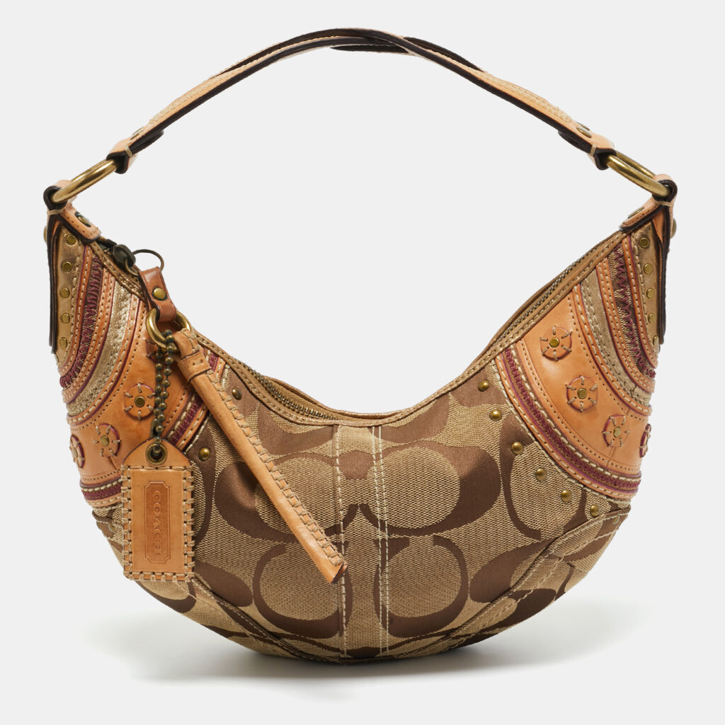 Coach Tan/Beige Signature Canvas and Leather Studded Hobo Coach Tan/Beige Signature Canvas and Leather Studded Hobo