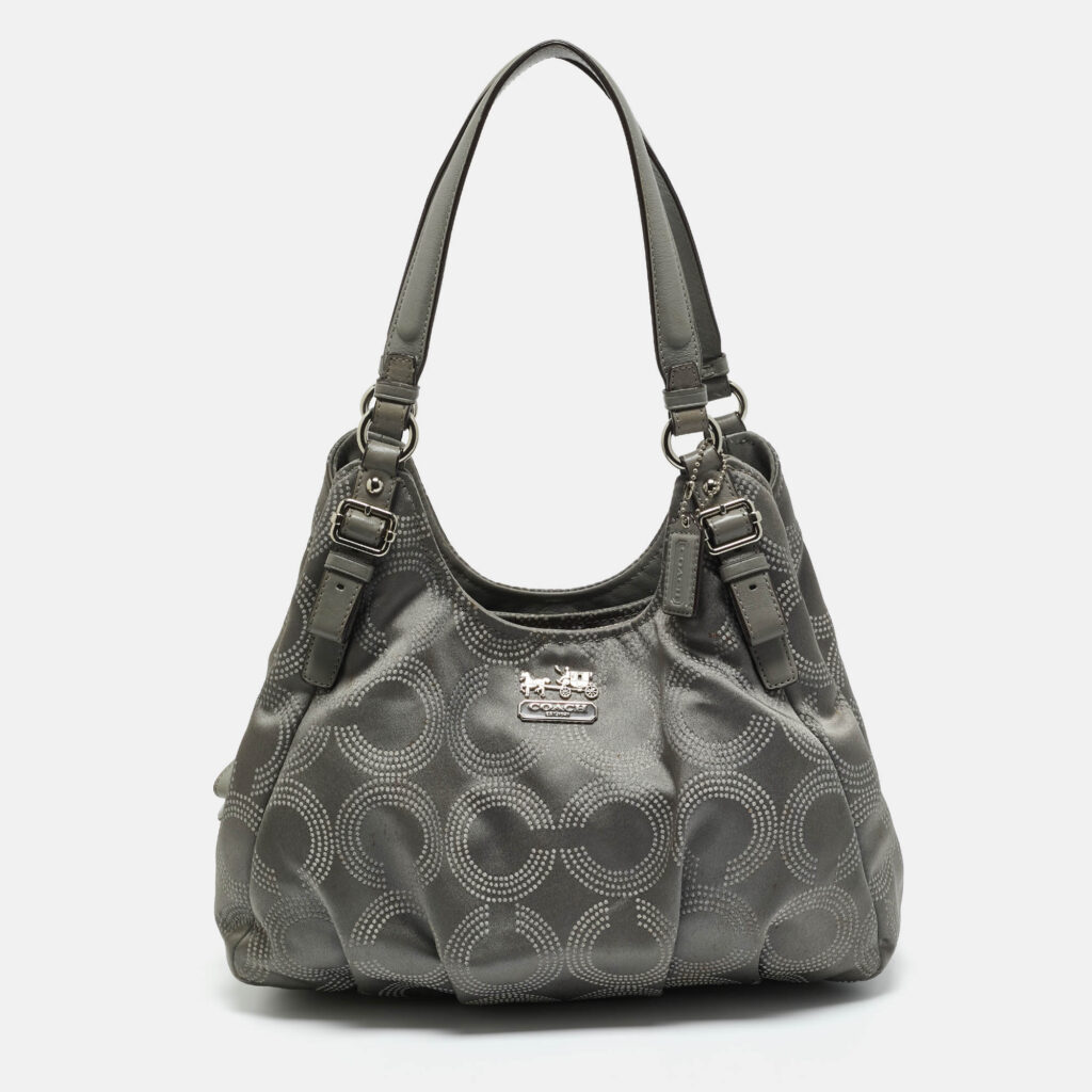 luxury-women-coach-used-handbags-p1201485-013-1.jpg Coach Grey Signature Satin and Leather Madison Maggie Hobo