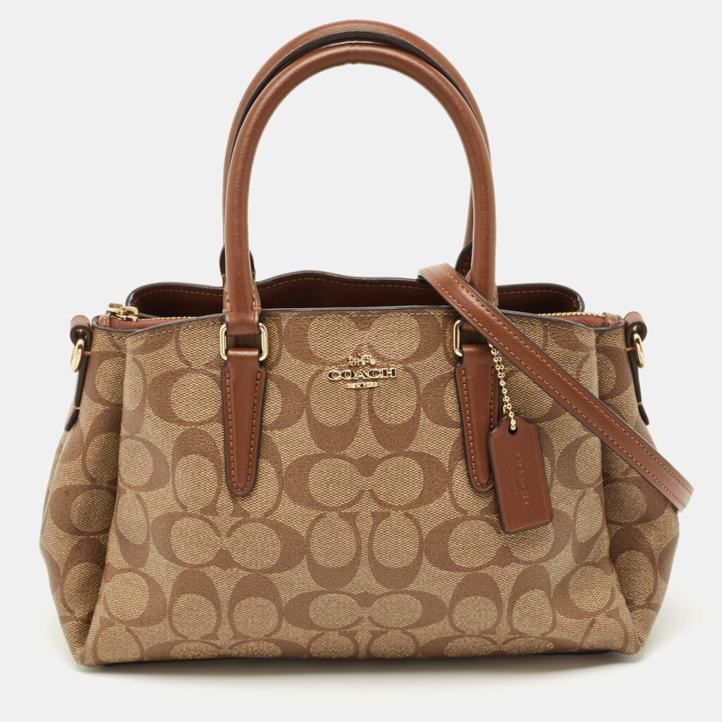 Coach Beige/Brown Signature Leather Mini Sage Carryall Satchel Coach Beige/Brown Signature Leather Mini Sage Carryall Satchel