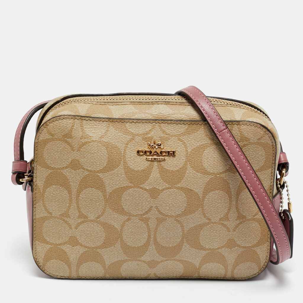 Coach Pink/Beige Signature Coated Canvas and Leather Mini Camera Crossbody Bag Coach Pink/Beige Signature Coated Canvas and Leather Mini Camera Crossbody Bag