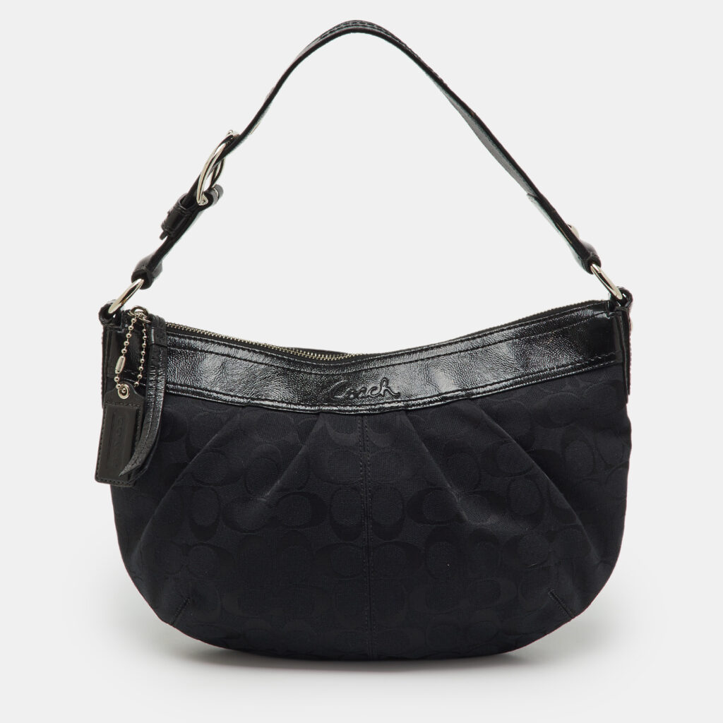luxury-women-coach-used-handbags-p1217807-001.jpg Coach Black Signature Canvas and Patent Leather Pleated Hobo