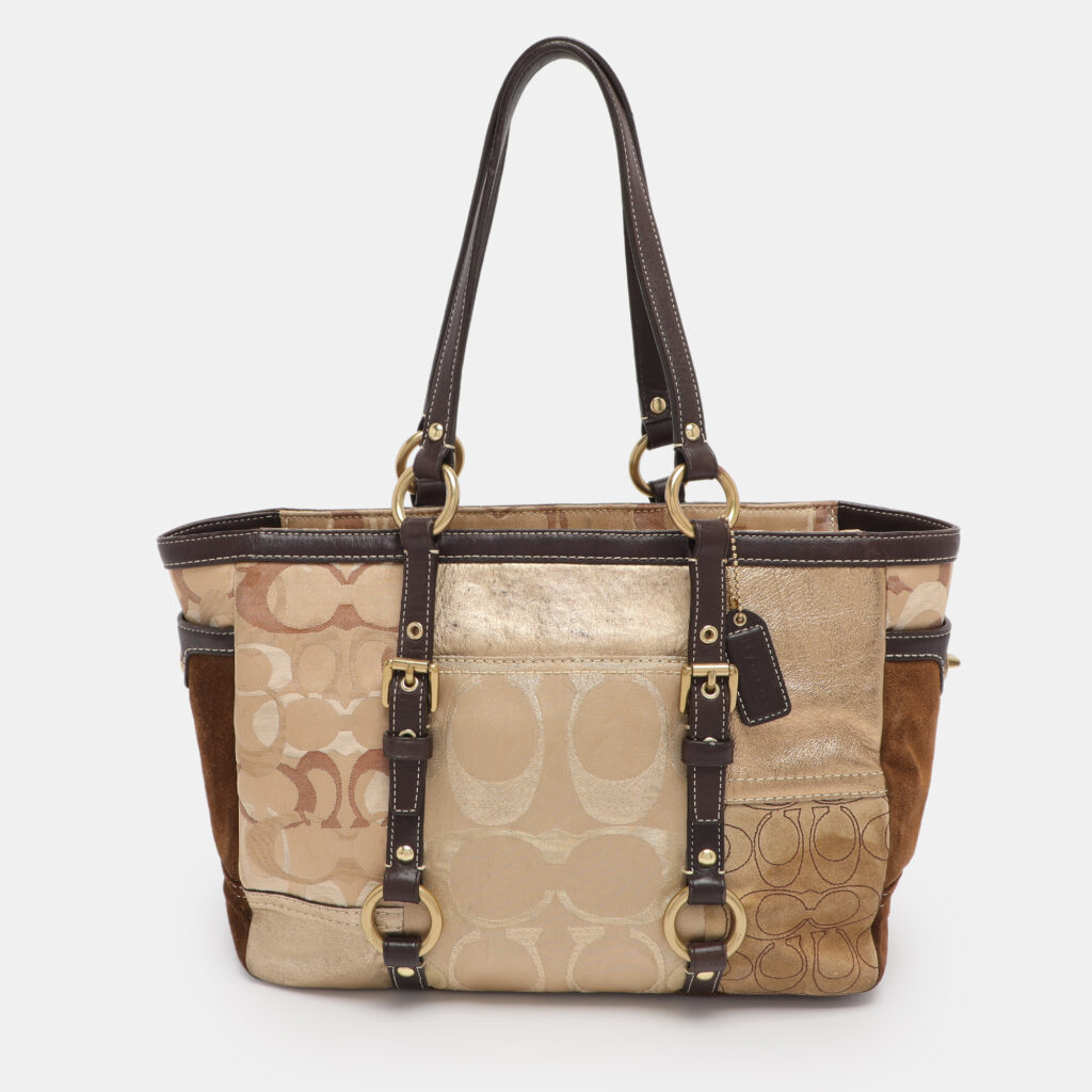 Coach Gold Signature Canvas, Suede and Leather Patchwork Tote Coach Gold Signature Canvas, Suede and Leather Patchwork Tote