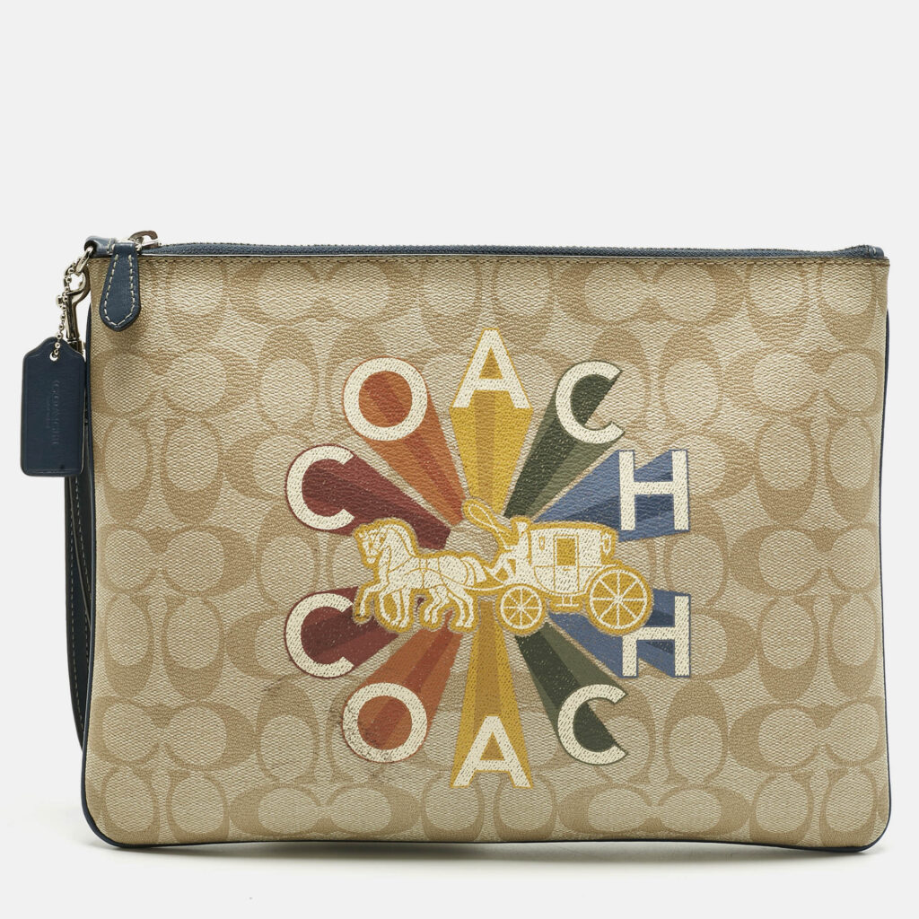 Coach Beige/Blue Signature Coated Canvas Large Radial Rainbow Wristlet Pouch