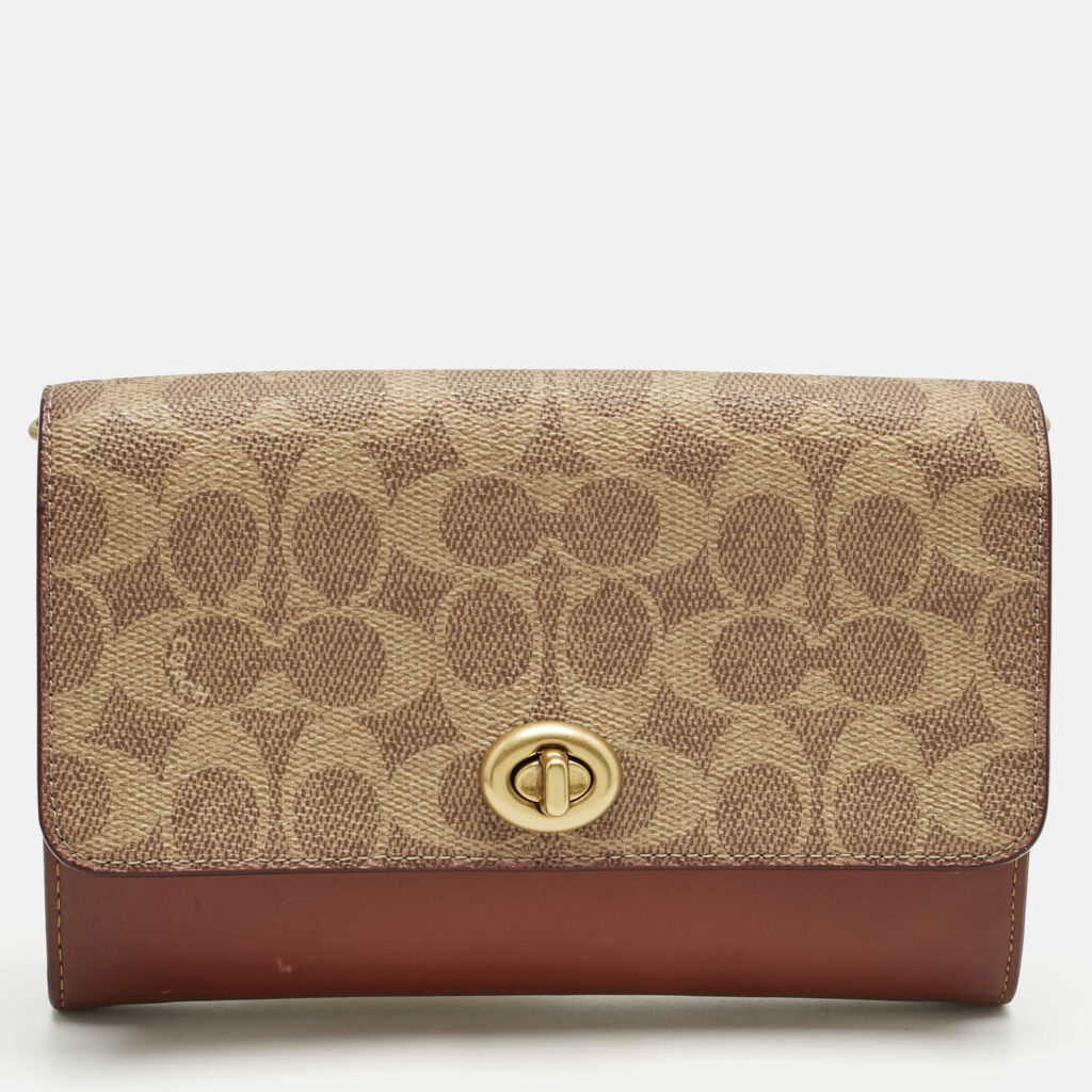 Coach Brown/Beige Signature Coated Canvas and Leather Marlow Clutch Bag Coach Brown/Beige Signature Coated Canvas and Leather Marlow Clutch Bag