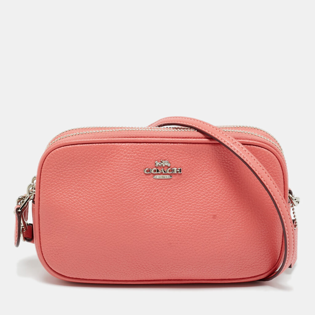 luxury-women-coach-used-handbags-p1224684-002.jpg Coach Coral Orange Leather Sadie Double Zip Crossbody Bag