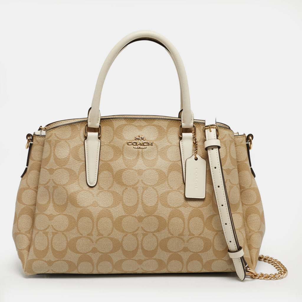 Coach Beige Signature Coated Canvas and Leather Sage Carryall Satchel Coach Beige Signature Coated Canvas and Leather Sage Carryall Satchel