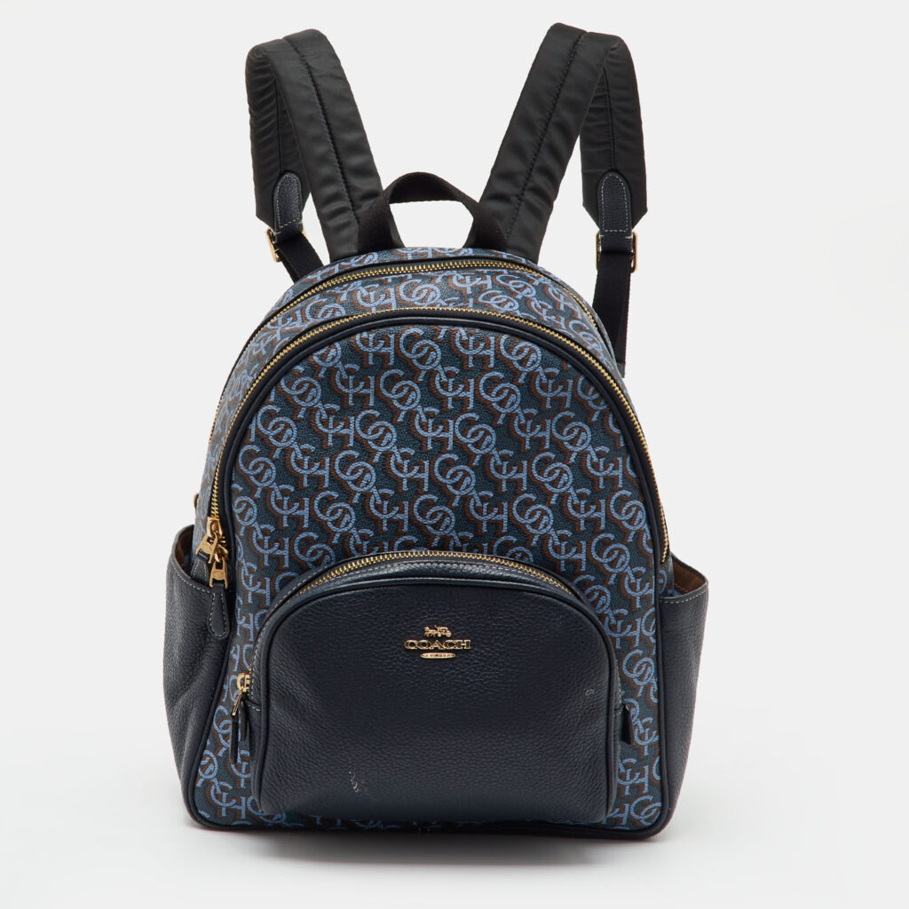 Coach Navy Blue Monogram Print Coated Canvas and Leather Court Backpack Coach Navy Blue Monogram Print Coated Canvas and Leather Court Backpack