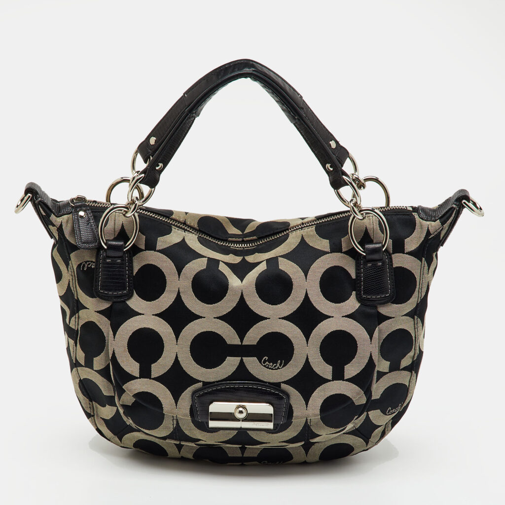 Coach Black/Grey Maggie Op Art Canvas and Leather Shoulder Bag Coach Black/Grey Maggie Op Art Canvas and Leather Shoulder Bag