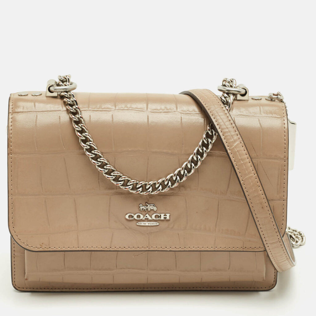 Coach Beige Croc Embossed Leather Klare Crossbody Bag Coach Beige Croc Embossed Leather Klare Crossbody Bag