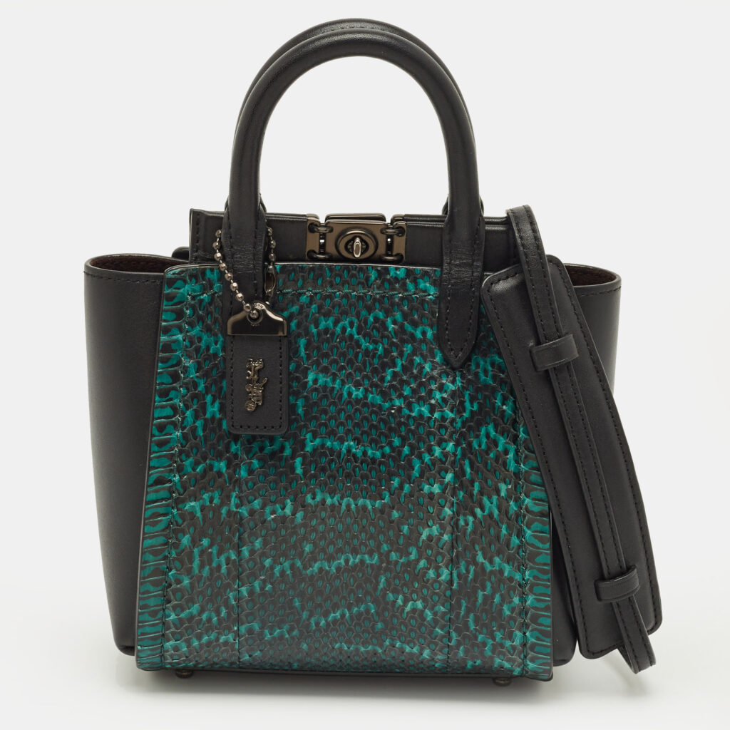 luxury-women-coach-used-handbags-p1246481-002.jpg Coach Troupe 16 Black/Green Leather and Snakeskin Tote