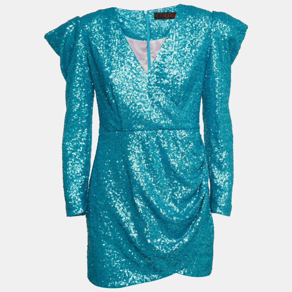 Collini Blue Sequin Draped Long Sleeve Mini Dress S Collini Blue Sequin Draped Long Sleeve Mini Dress S
