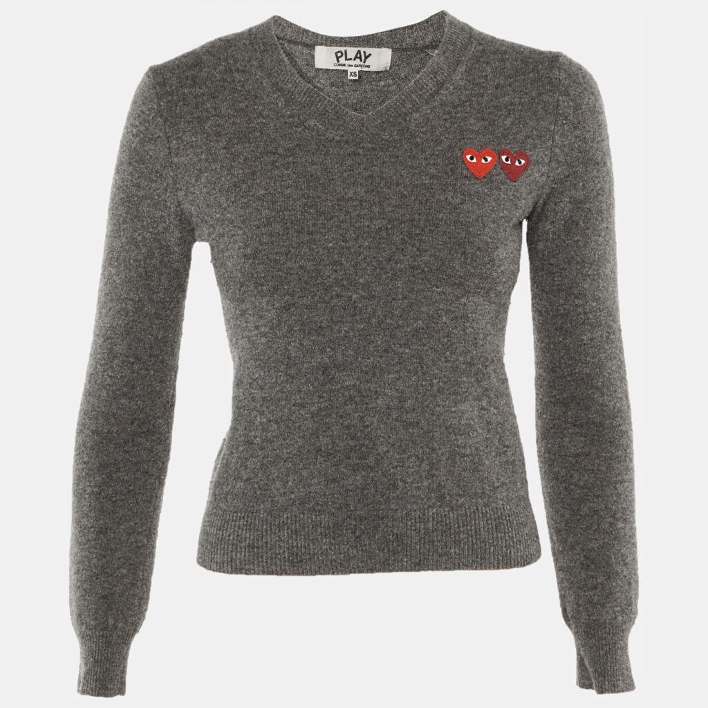 Comme des Garcons Play Grey Double Heart Wool V-Neck Sweater XS Comme des Garcons Play Grey Double Heart Wool V-Neck Sweater XS
