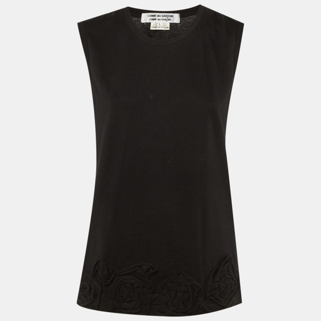 Comme des Garcons Black Cotton Floral Appliqued Tank Top L