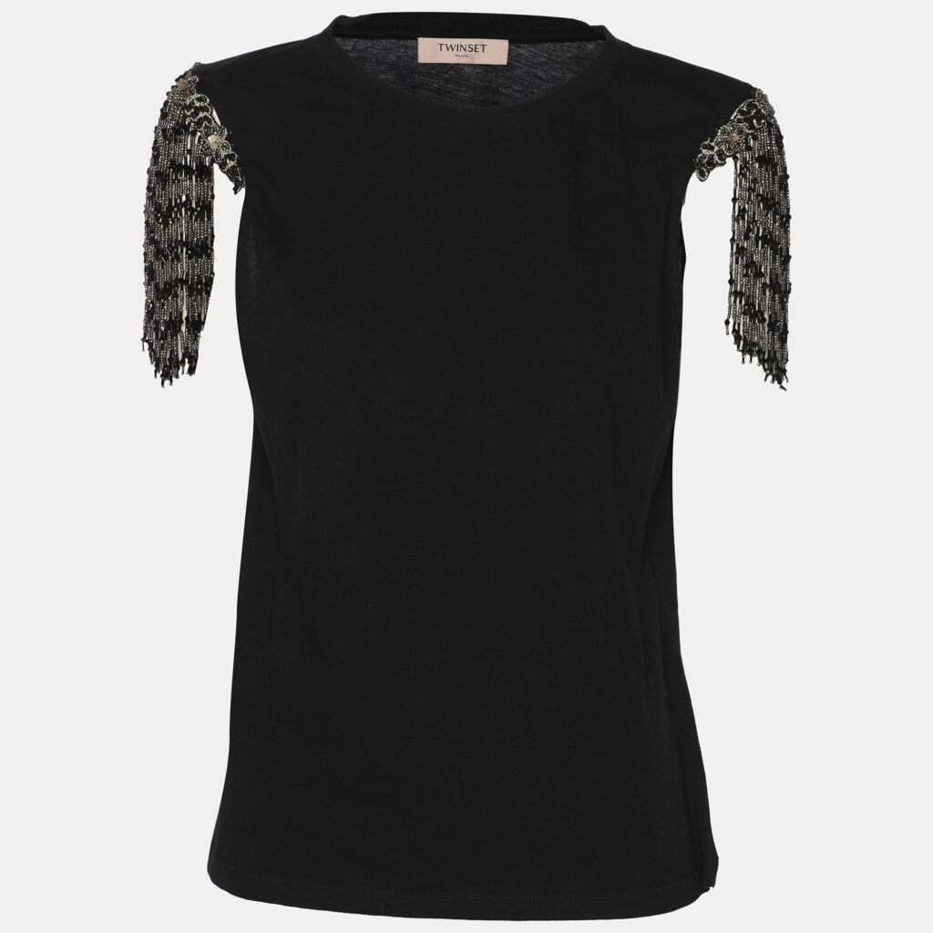 Twinset Black Cotton Fringes Tank Top XS Twinset Black Cotton Fringes Tank Top XS