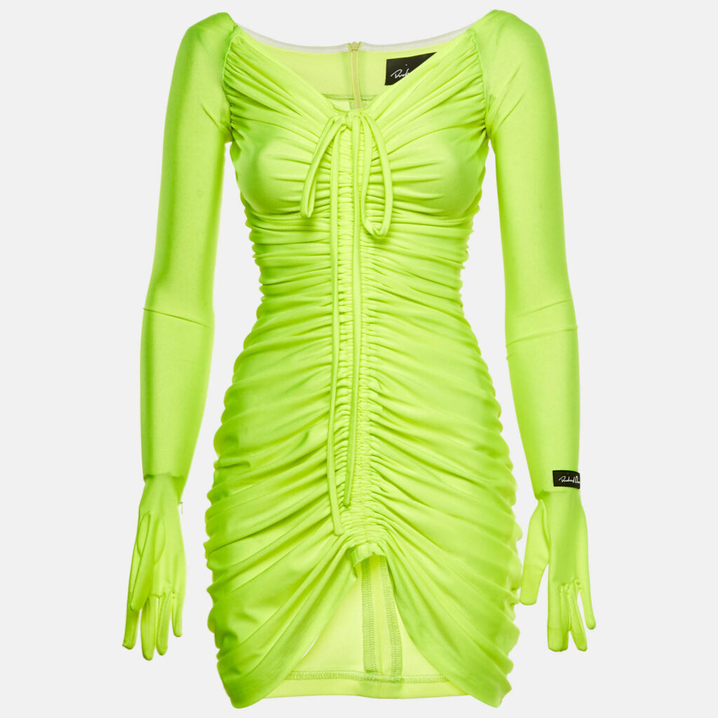 Richard Quinn Neon Green Jersey Glove Detail Ruched Mini Dress S Richard Quinn Neon Green Jersey Glove Detail Ruched Mini Dress S