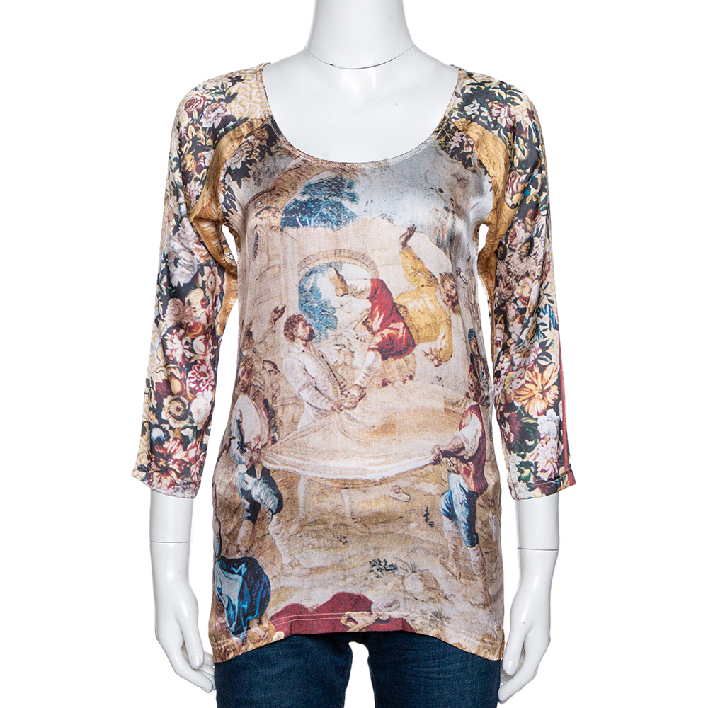 D&G Beige Abstract Printed Stretch Silk Long Sleeve Top M D&G Beige Abstract Printed Stretch Silk Long Sleeve Top M