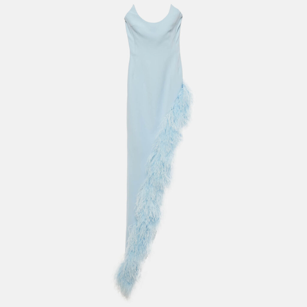 David Koma Blue Ostrich Feather-Trim Crepe Asymmetric Cocktail Dress XXS