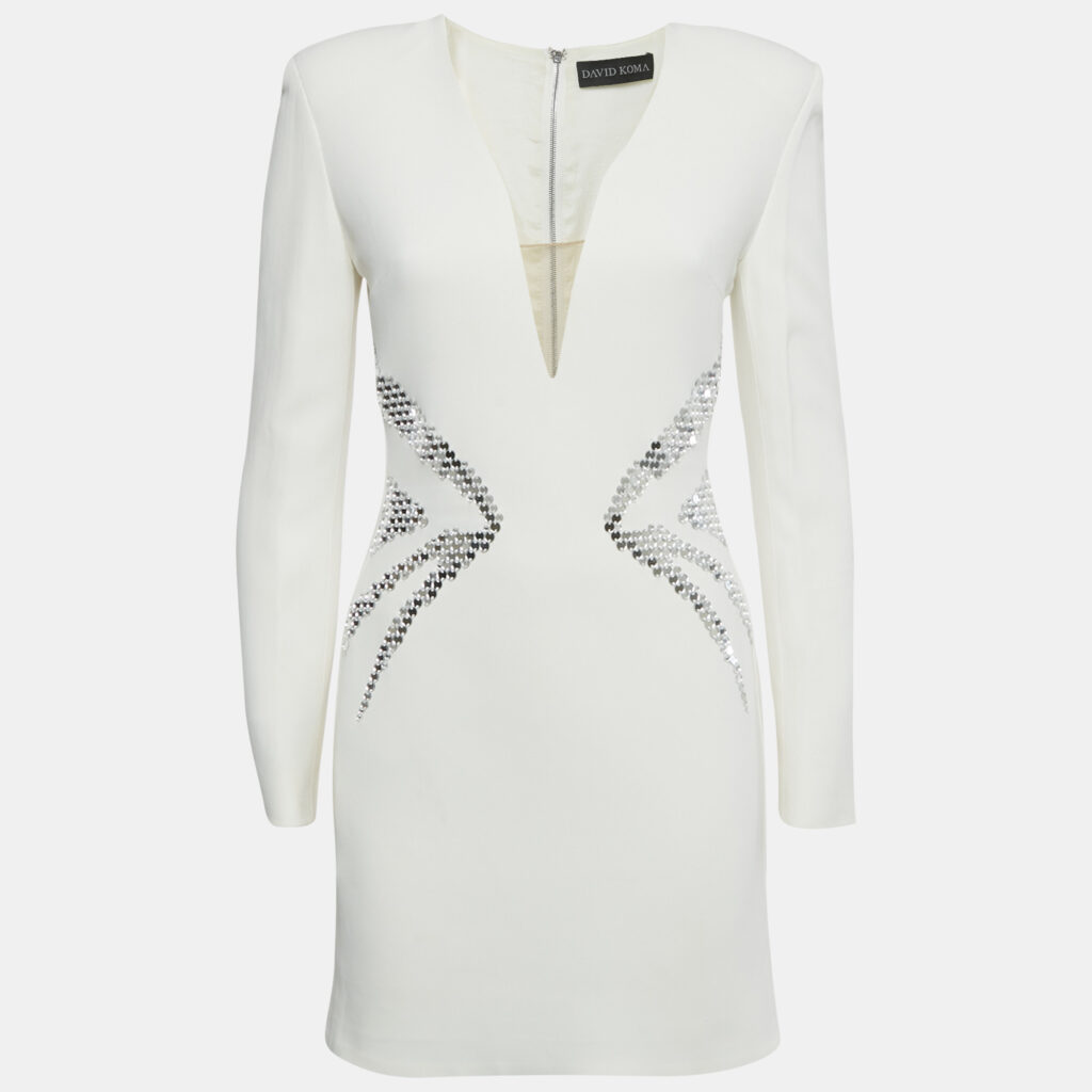 David Koma Ivory Crepe Mirror Embroidered Mini Dress S David Koma Ivory Crepe Mirror Embroidered Mini Dress S