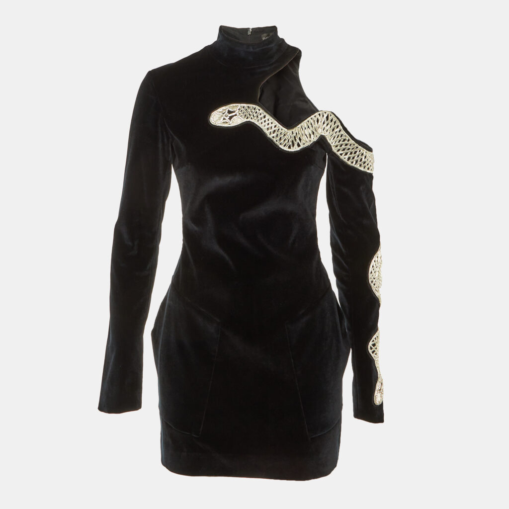 David Koma Black Velvet Embellished Cut-Out Mini Dress S David Koma Black Velvet Embellished Cut-Out Mini Dress S