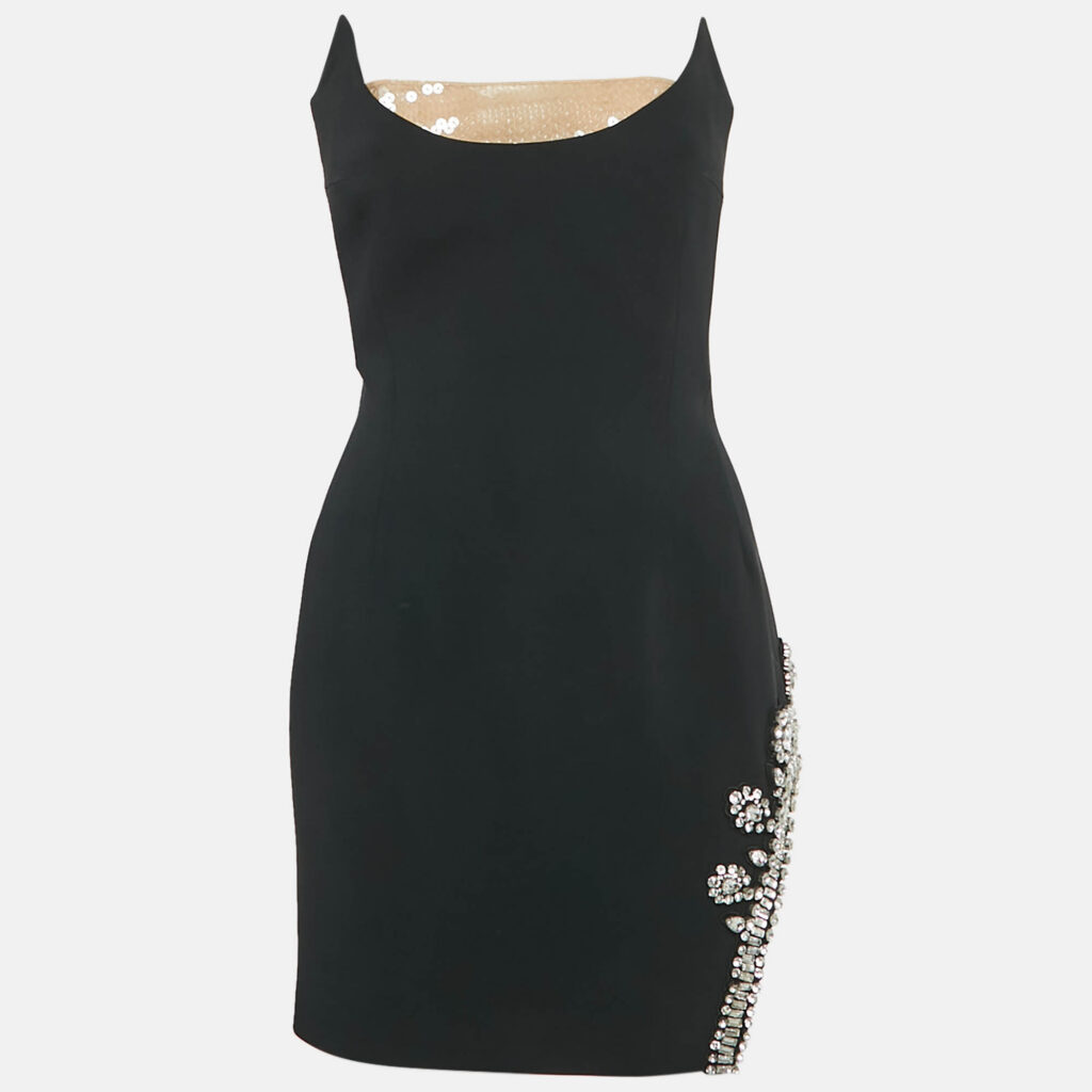 David Koma Black Rhinestone Studded Crepe Strapless Mini Dress L
