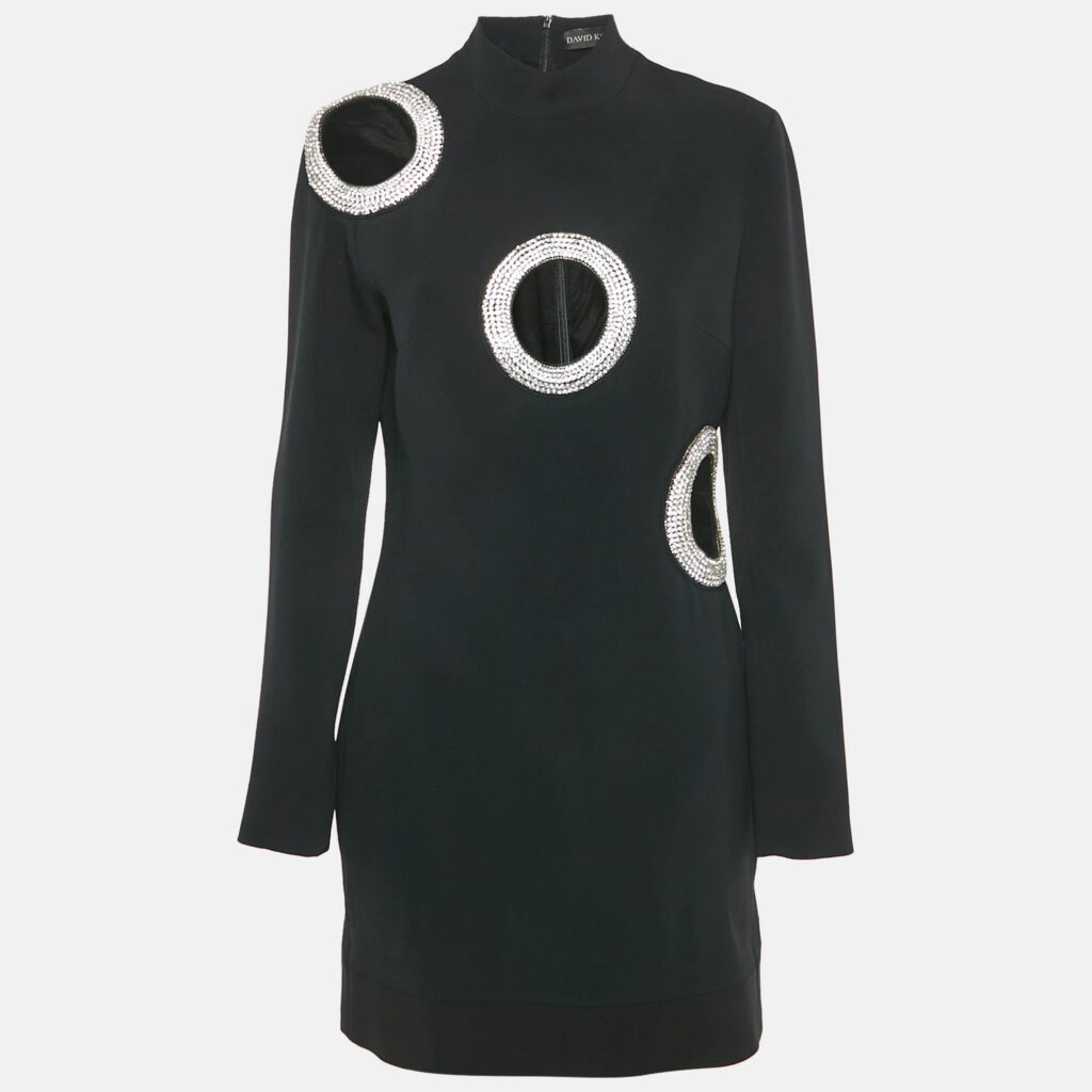 David Koma Black Crystal Embellished Crepe Cut-Out Mini Dress L David Koma Black Crystal Embellished Crepe Cut-Out Mini Dress L