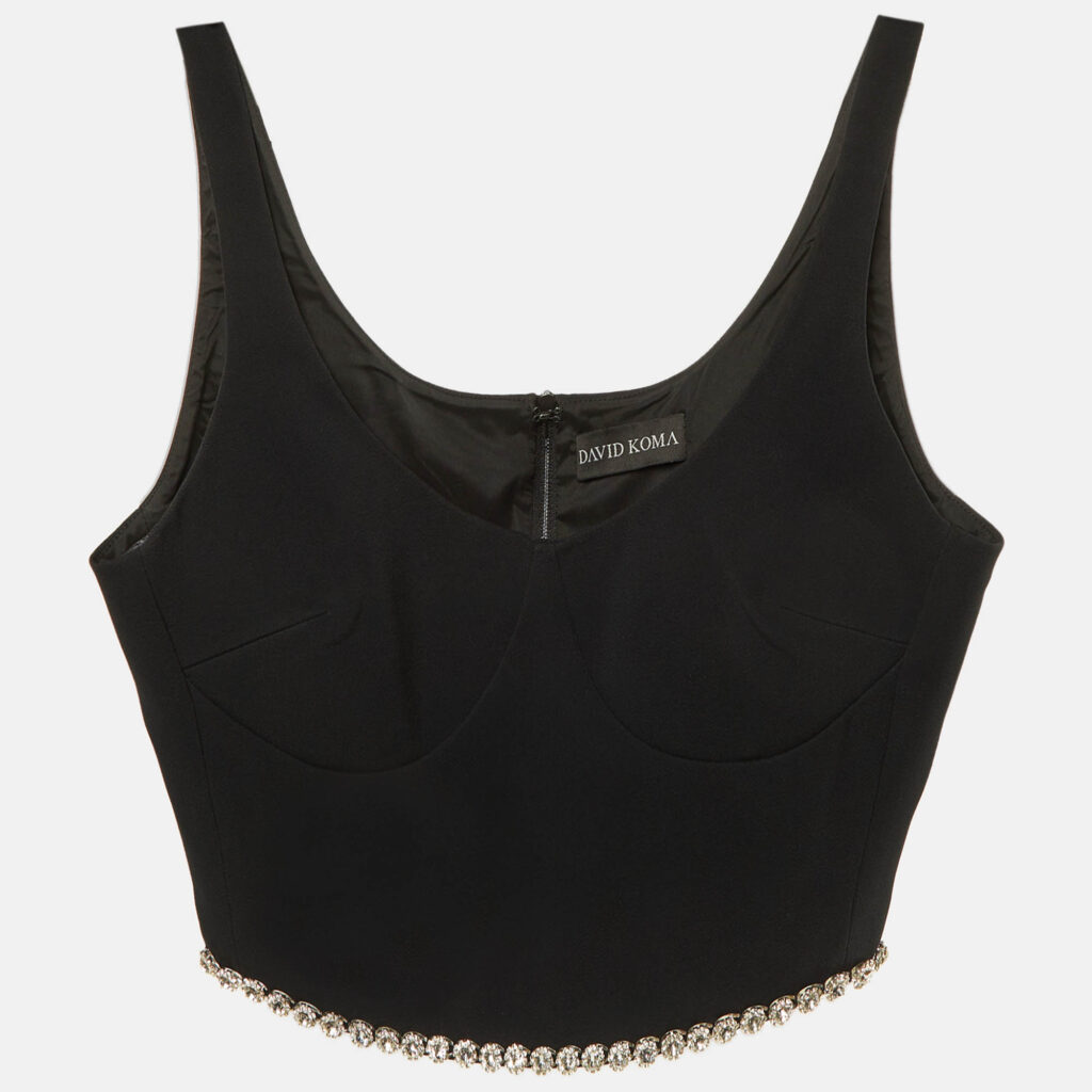 David Koma Black Crepe Crystal Embellished Crop Top M David Koma Black Crepe Crystal Embellished Crop Top M