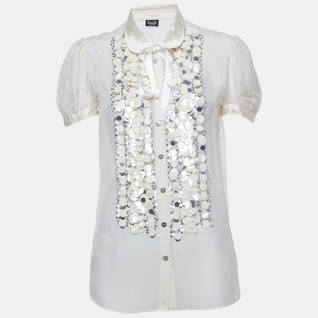 luxury-women-dg-used-clothes-p1186211-005-1.jpg D&G Beige Sequin Embroidered Silk Shirt L
