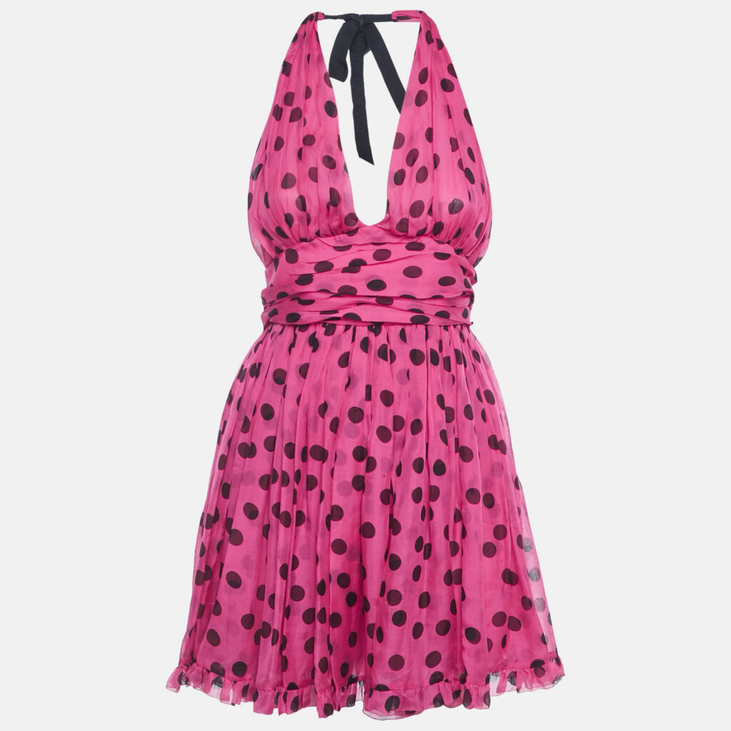D&G Pink Polka Dot Silk Neck Tie Detail Mini Dress S D&G Pink Polka Dot Silk Neck Tie Detail Mini Dress S