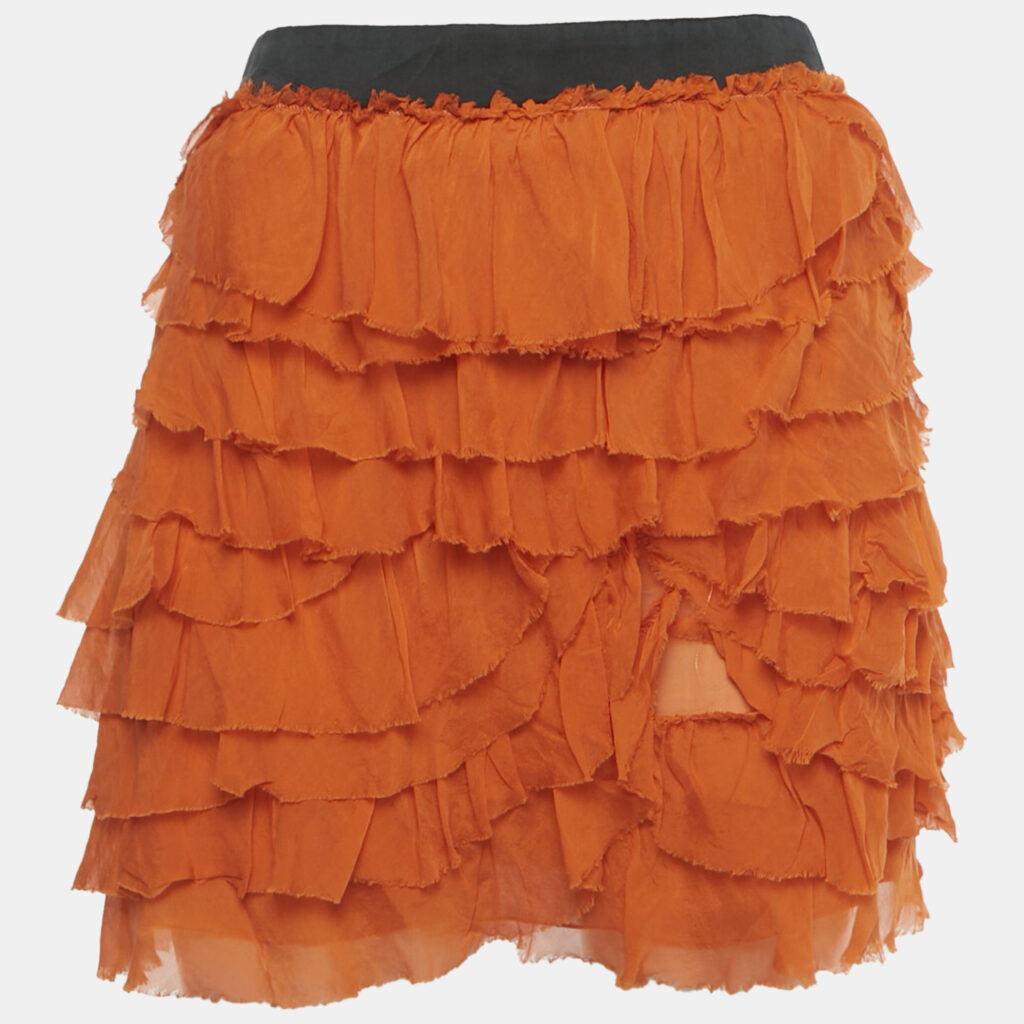 luxury-women-dg-used-clothes-p1225468-002-1.jpg D&G Orange Silk Tiered Ruffle Mini Skirt S