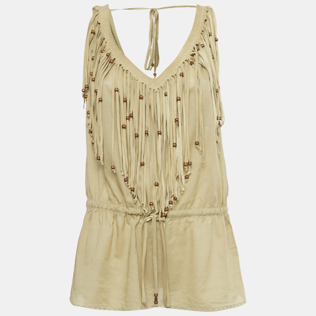 D&G Khaki Cotton & Suede Fringe Detail Sleeveless Top M