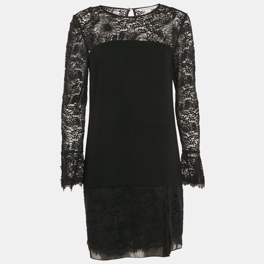 Diane Von Furstenberg Black Lace Trim Chiffon Lavana Dress M Diane Von Furstenberg Black Lace Trim Chiffon Lavana Dress M