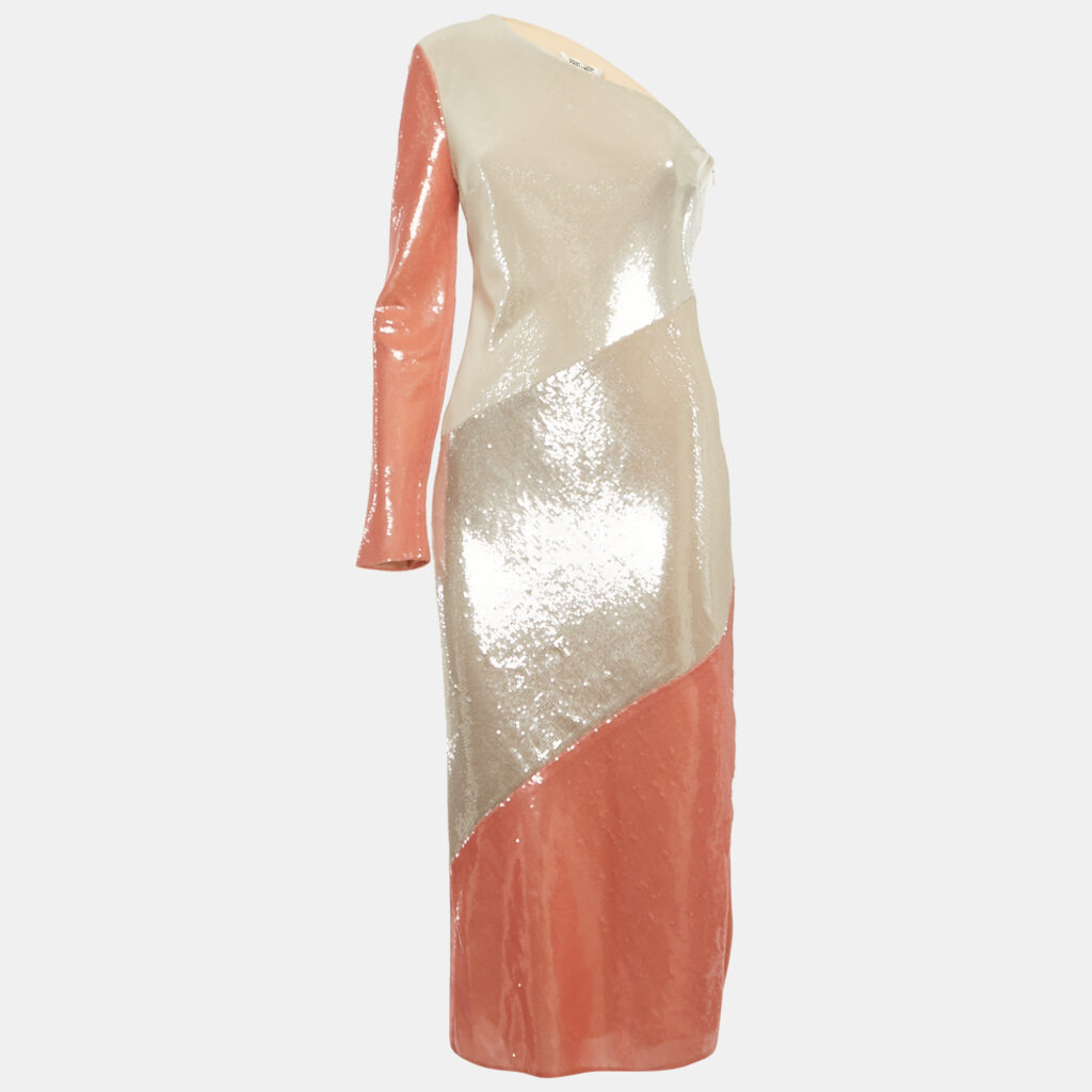 Diane Von Furstenberg Champagne/Pink Paneled One Shoulder Dress S Diane Von Furstenberg Champagne/Pink Paneled One Shoulder Dress S